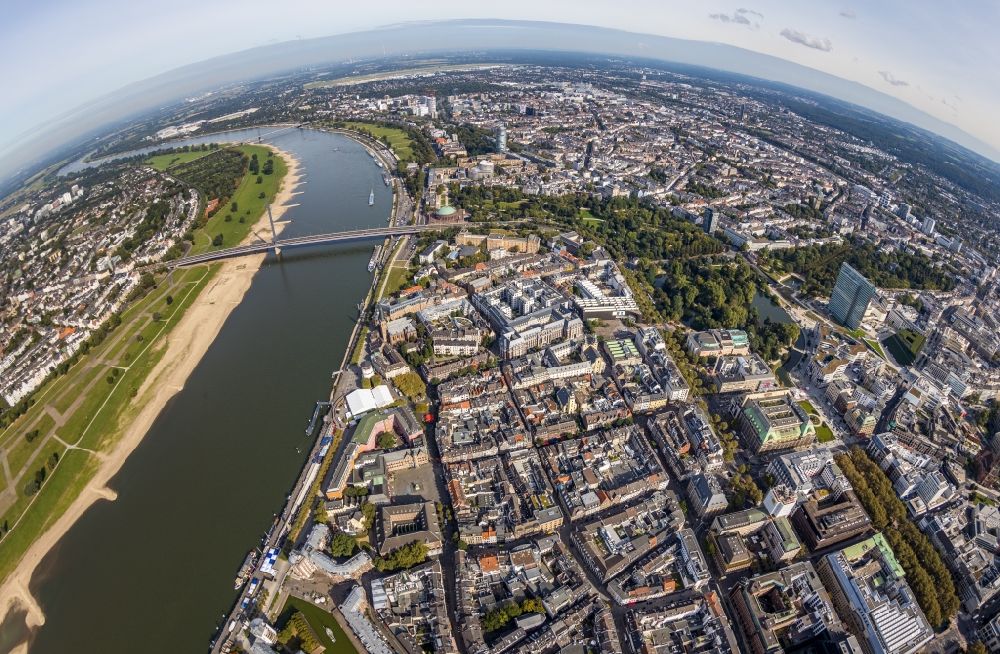 Aerial photograph Düsseldorf - Fisheye perspective city view on the river bank of the Rhine river in Duesseldorf at Ruhrgebiet in the state North Rhine-Westphalia, Germany