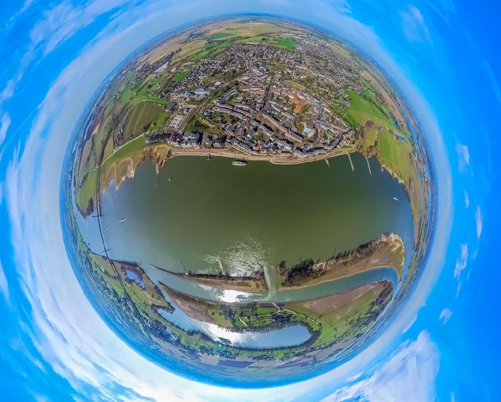 Aerial image Rees - Fisheye perspective city view on the river bank of the Rhine river in Rees in the state North Rhine-Westphalia, Germany