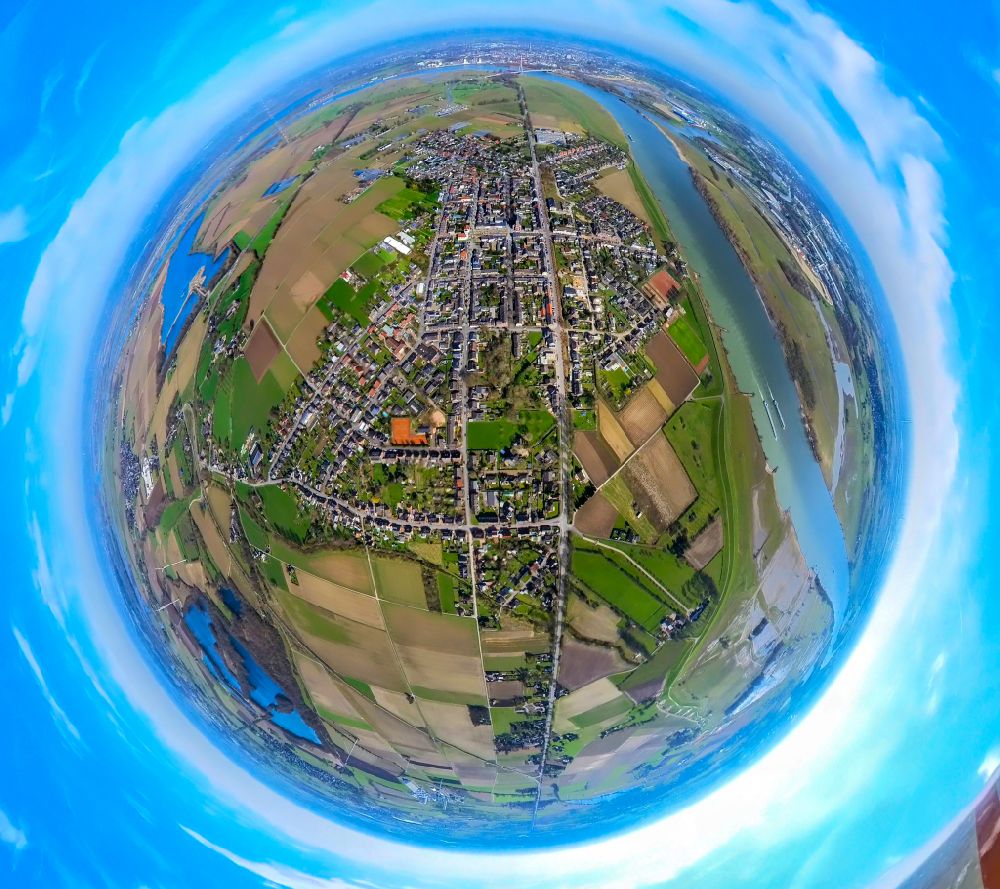 Büderich from above - Fisheye perspective urban area with outskirts and inner city area on the edge of agricultural fields and arable land in Buederich at Ruhrgebiet in the state North Rhine-Westphalia, Germany