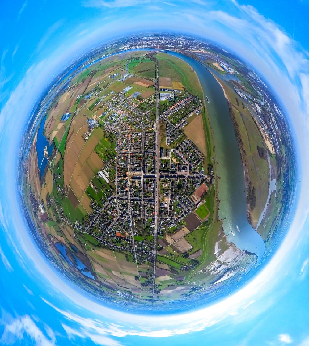 Büderich from the bird's eye view: Fisheye perspective urban area with outskirts and inner city area on the edge of agricultural fields and arable land in Buederich at Ruhrgebiet in the state North Rhine-Westphalia, Germany