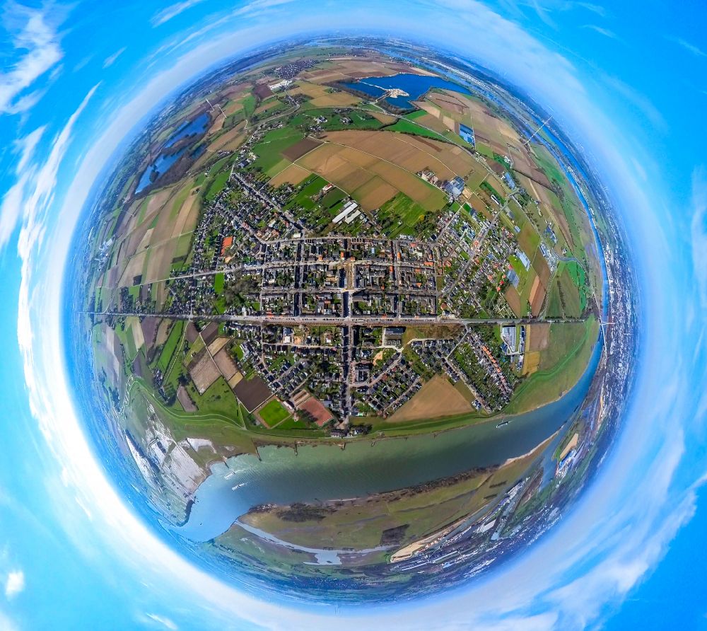 Aerial image Büderich - Fisheye perspective urban area with outskirts and inner city area on the edge of agricultural fields and arable land in Buederich at Ruhrgebiet in the state North Rhine-Westphalia, Germany