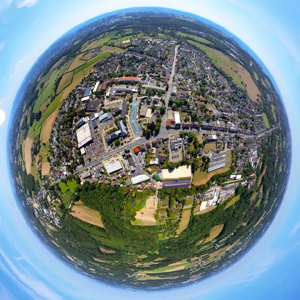 Aerial photograph Hasslinghausen - Fisheye perspective urban area with outskirts and inner city area on the edge of agricultural fields and arable land in Hasslinghausen in the state North Rhine-Westphalia, Germany