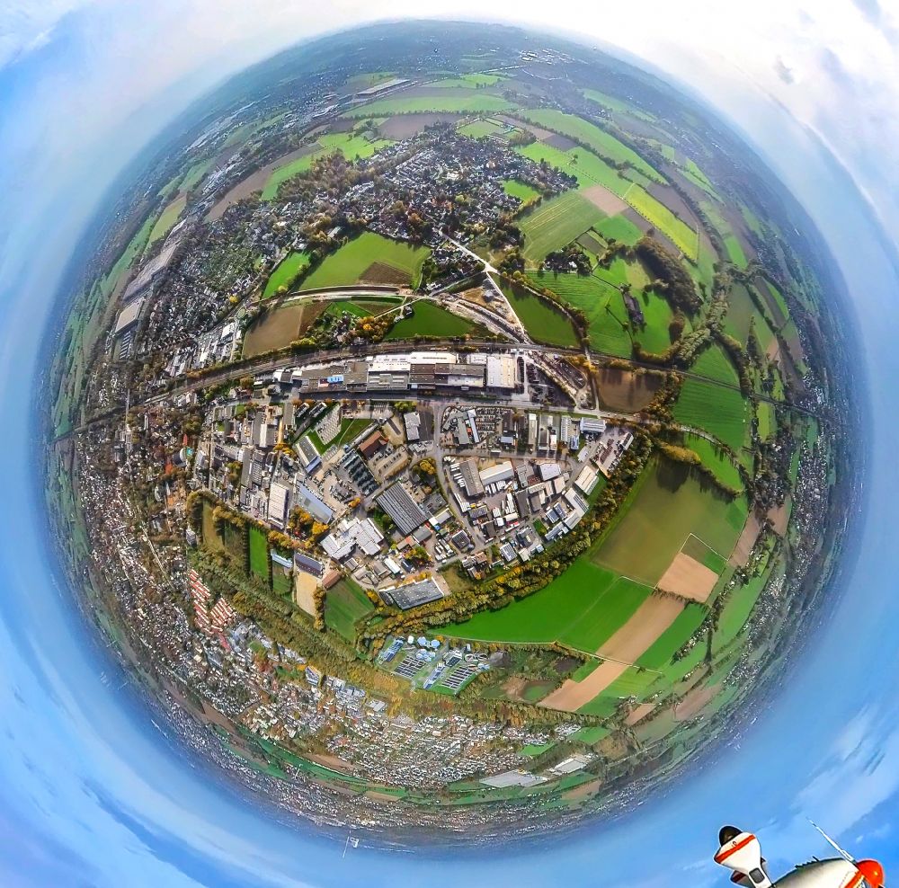 Kamen from above - Fisheye perspective the city center in the downtown area in Kamen at Ruhrgebiet in the state North Rhine-Westphalia, Germany