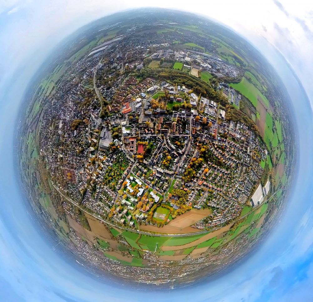 Kamen from the bird's eye view: Fisheye perspective the city center in the downtown area in Kamen at Ruhrgebiet in the state North Rhine-Westphalia, Germany