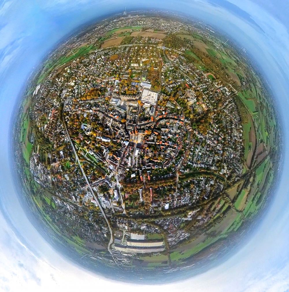 Aerial photograph Kamen - Fisheye perspective the city center in the downtown area in Kamen at Ruhrgebiet in the state North Rhine-Westphalia, Germany