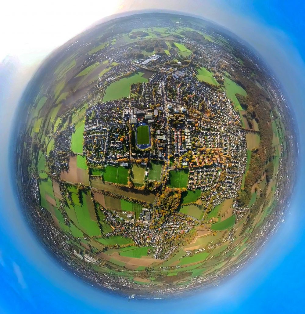 Kamen from above - Fisheye perspective the city center in the downtown area in Kamen at Ruhrgebiet in the state North Rhine-Westphalia, Germany