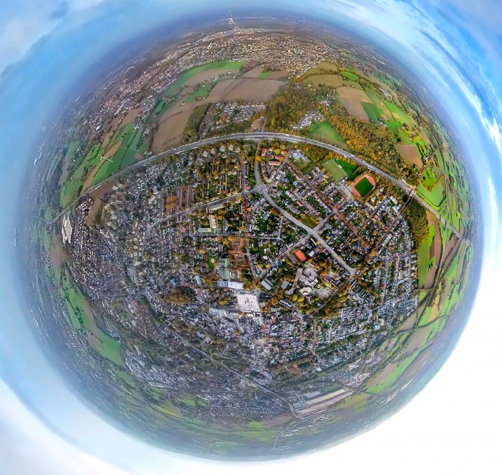 Aerial image Kamen - Fisheye perspective the city center in the downtown area in Kamen at Ruhrgebiet in the state North Rhine-Westphalia, Germany