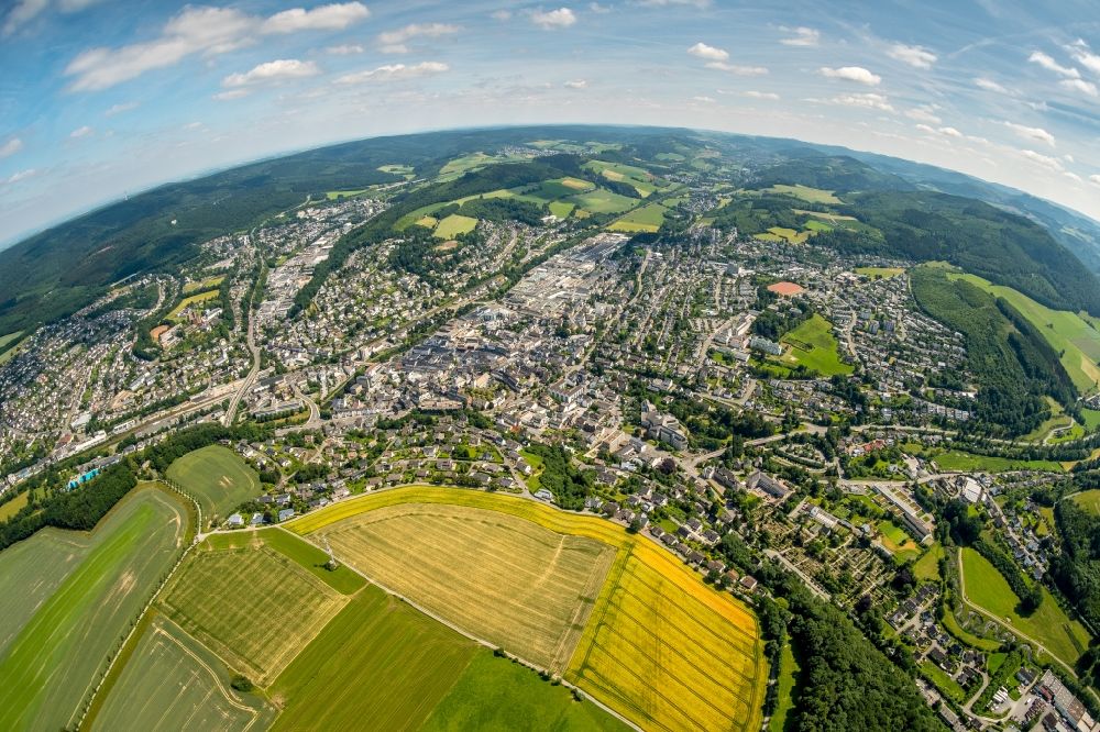 Aerial photograph Meschede - Fisheye perspective The city center in the downtown area in Meschede in the state North Rhine-Westphalia, Germany
