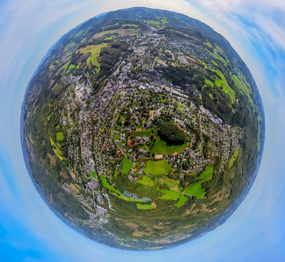 Aerial image Sundern (Sauerland) - Fisheye perspective the city center in the downtown area in Sundern (Sauerland) at Sauerland in the state North Rhine-Westphalia, Germany