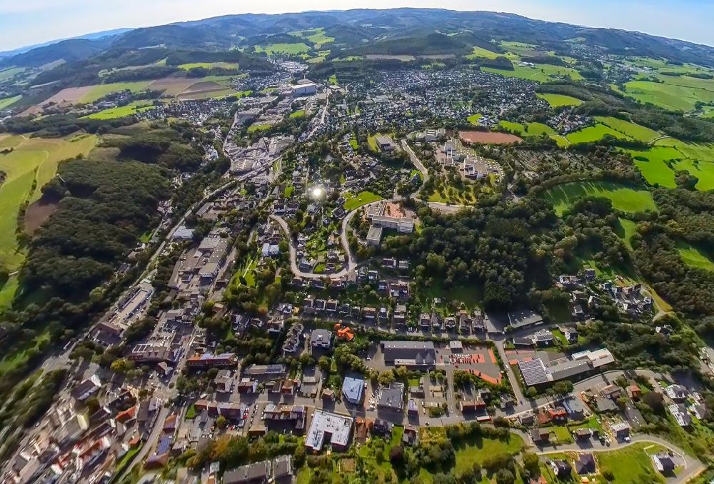Sundern (Sauerland) from above - Fisheye perspective the city center in the downtown area in Sundern (Sauerland) at Sauerland in the state North Rhine-Westphalia, Germany
