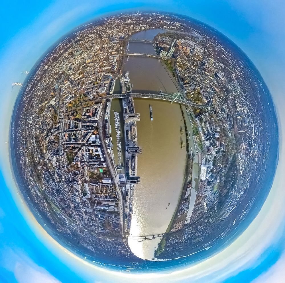 Köln from the bird's eye view: Fisheye perspective city center in the downtown area on the banks of river course of the Rhine river in the district Altstadt in Cologne in the state North Rhine-Westphalia, Germany