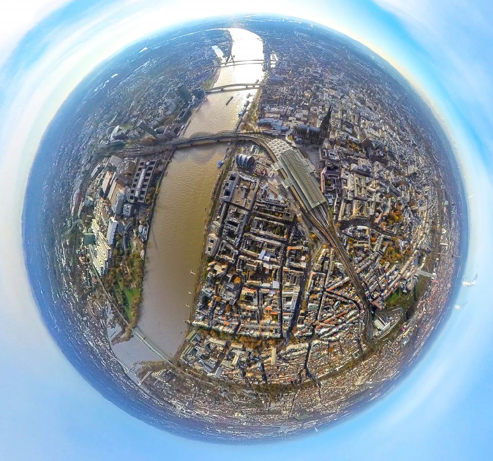 Aerial image Köln - Fisheye perspective city center in the downtown area on the banks of river course of the Rhine river in the district Altstadt in Cologne in the state North Rhine-Westphalia, Germany