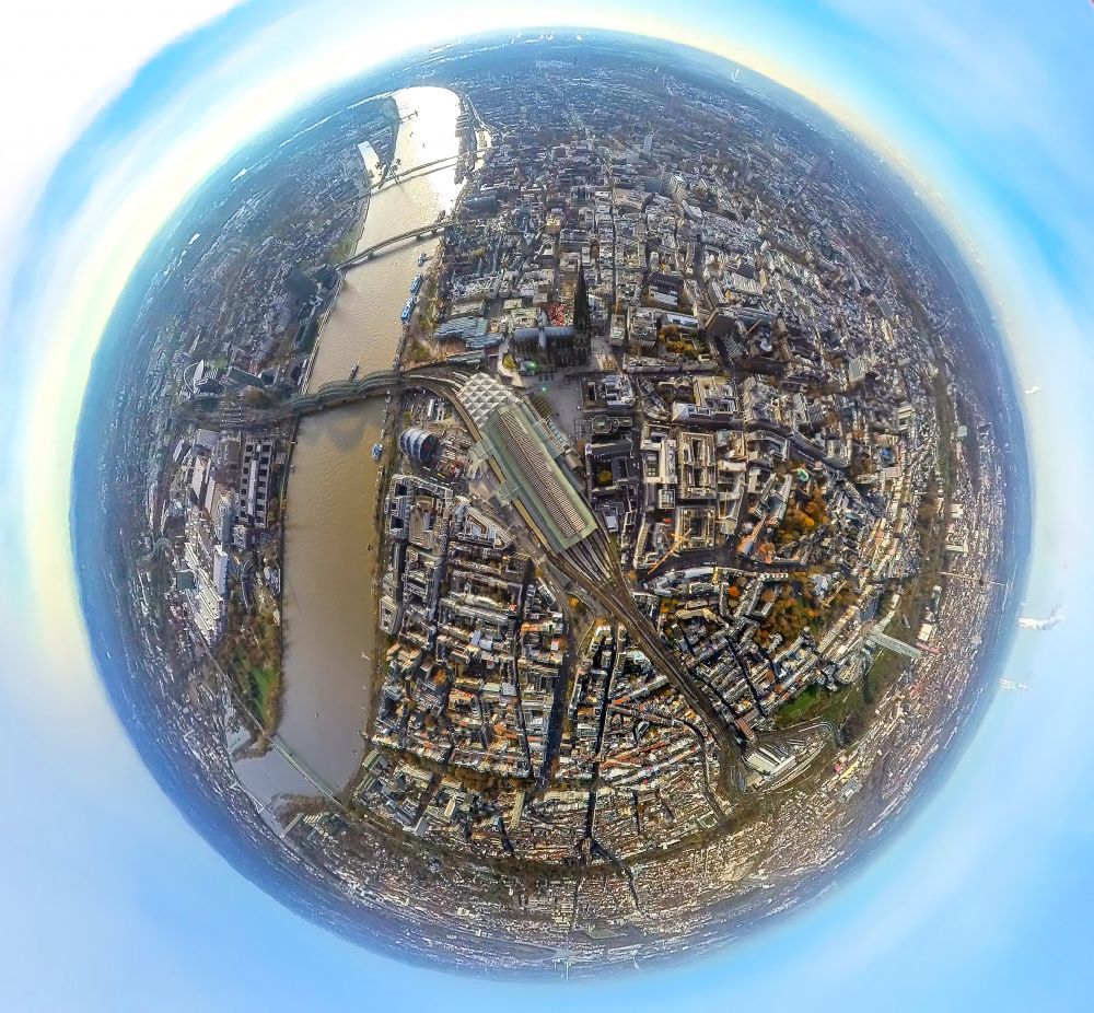 Aerial photograph Köln - Fisheye perspective city center in the downtown area on the banks of river course of the Rhine river in the district Altstadt in Cologne in the state North Rhine-Westphalia, Germany