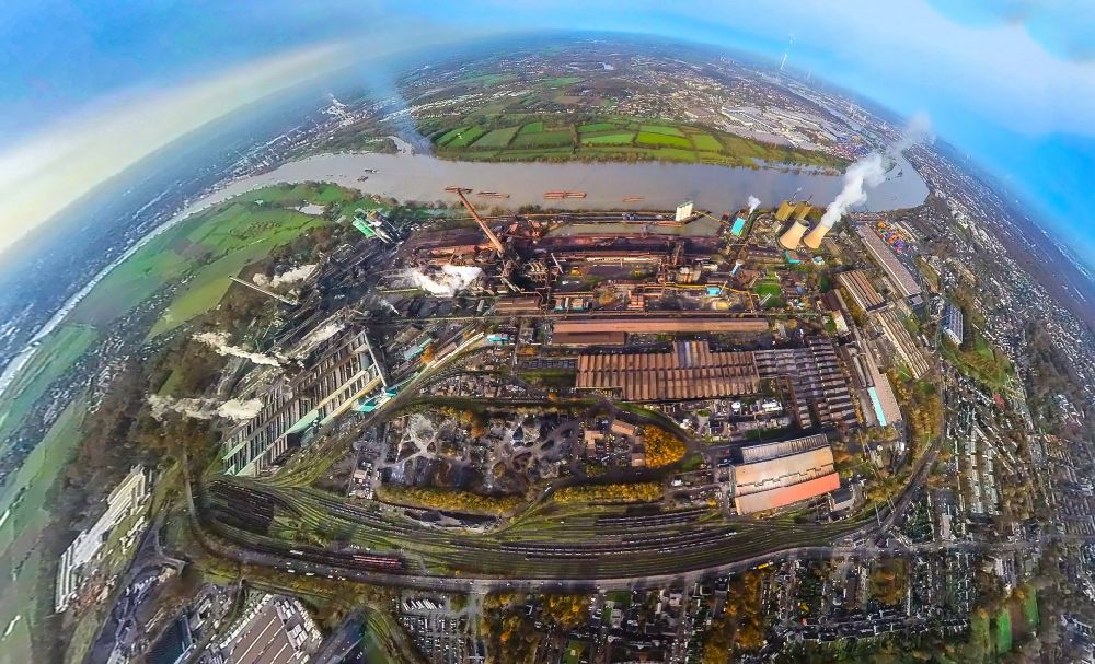 Duisburg from the bird's eye view: Fisheye perspective Technical equipment and production facilities of the steelworks of Huettenwerke Krupp Mannesmann GmbH on Ehinger Strasse in the district Huettenheim in Duisburg at Ruhrgebiet in the state North Rhine-Westphalia, Germany