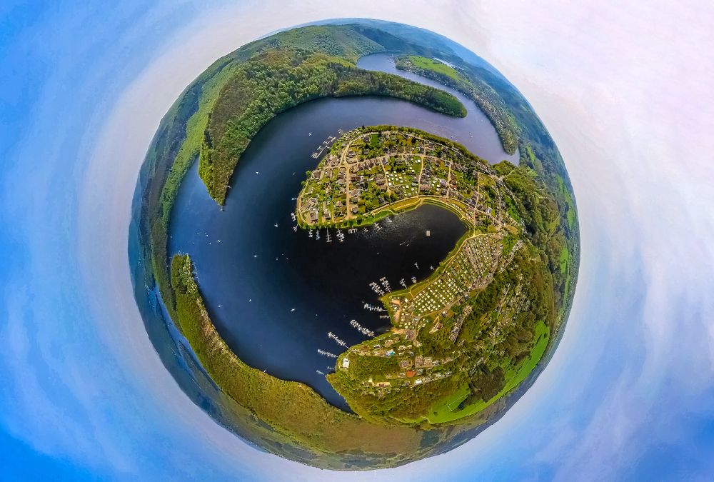 Schleiden from the bird's eye view: Fisheye perspective impoundment and shore areas at the lake Obersee - Urftsee on street Urfttalsperre in Schleiden Eifel in the state North Rhine-Westphalia, Germany