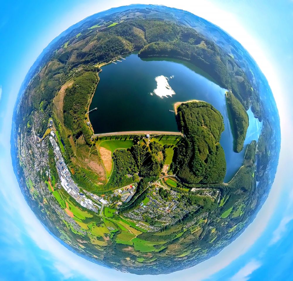Hansestadt Attendorn from above - Fisheye perspective shore areas at the reservoir Biggetalsperre in Biggesee near Attendorn in the state North Rhine-Westphalia, Germany
