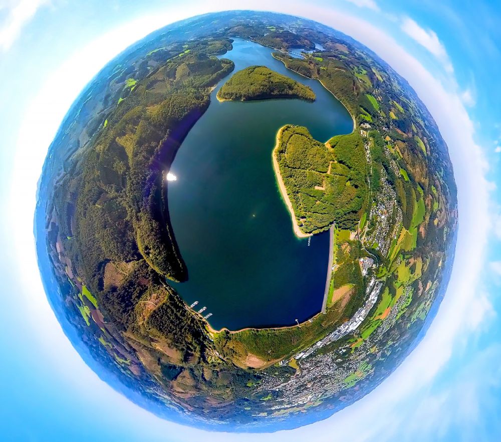 Hansestadt Attendorn from above - Fisheye perspective shore areas at the reservoir Biggetalsperre in Biggesee near Attendorn in the state North Rhine-Westphalia, Germany