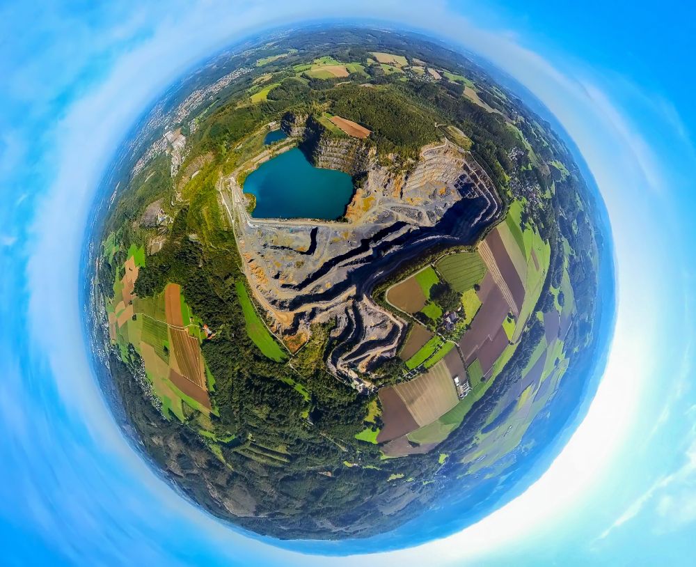 Aerial photograph Eisborn - Fisheye perspective quarry for the mining and handling of limestone in Eisborn in the state North Rhine-Westphalia, Germany