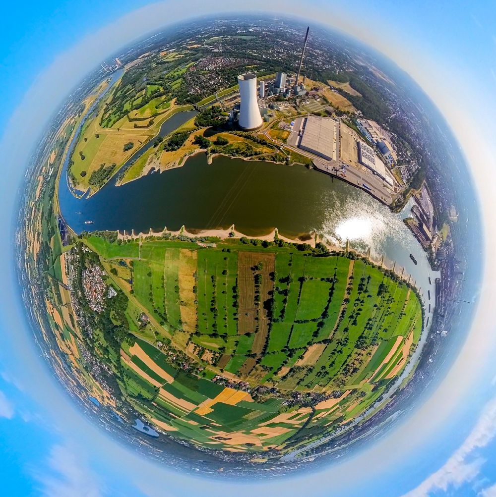 Aerial image Duisburg - Fisheye perspective hard coal power plant STEAG Kraftwerk Duisburg-Walsum on the river course of the Rhine in Duisburg in the state of North Rhine-Westphalia, Germany