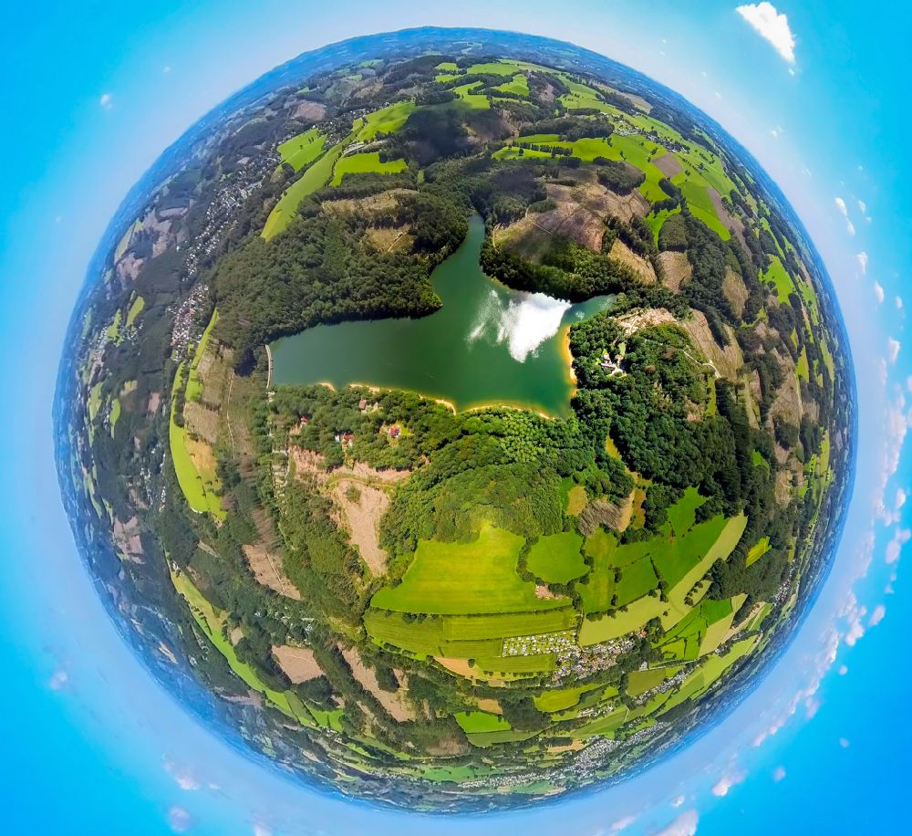 Breckerfeld from the bird's eye view: Fisheye perspective dam and shore areas at the lake Gloersee - Gloertalsperre in Breckerfeld in the state North Rhine-Westphalia, Germany