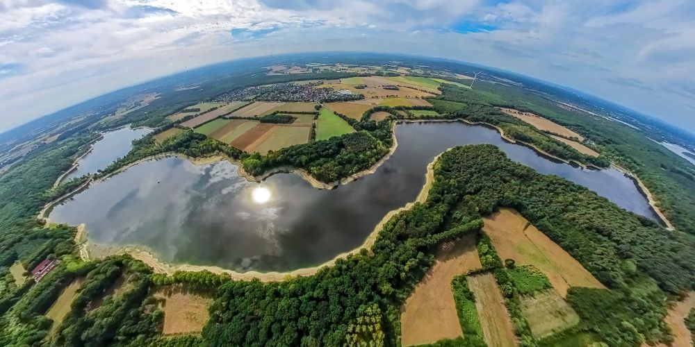 Haltern am See from above - Fisheye perspective dam - shore areas on the reservoir Talsperre Hullern in Haltern am See in the Ruhr area in the state North Rhine-Westphalia, Germany