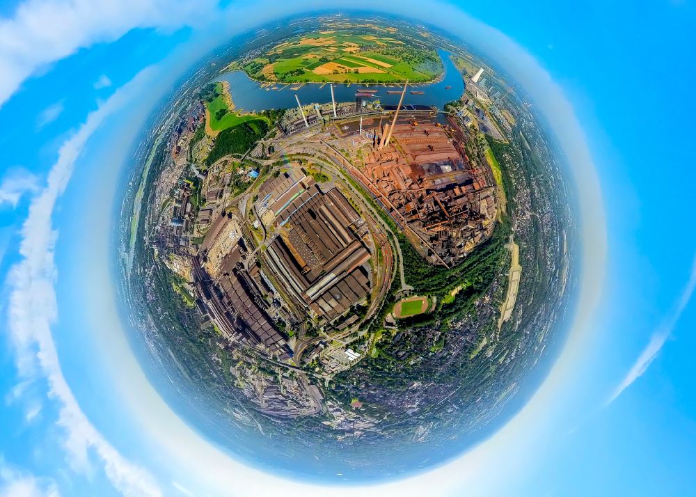 Duisburg from the bird's eye view: Fisheye perspective technical equipment and production facilities of the steelworks thyssenkrupp Steel Europe AG on Alsumer Strasse in the district Marxloh in Duisburg at Ruhrgebiet in the state North Rhine-Westphalia, Germany