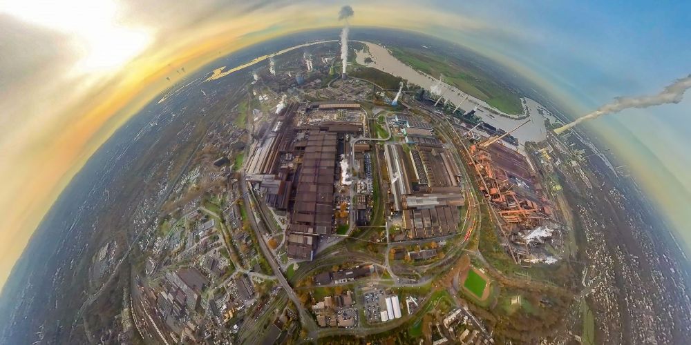 Duisburg from the bird's eye view: Fisheye perspective technical equipment and production facilities of the steelworks thyssenkrupp Steel Europe AG on Alsumer Strasse in the district Marxloh in Duisburg at Ruhrgebiet in the state North Rhine-Westphalia, Germany