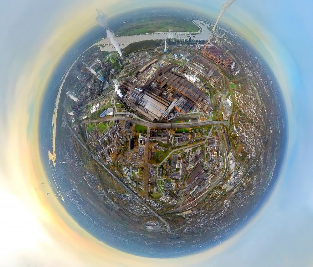 Aerial image Duisburg - Fisheye perspective technical equipment and production facilities of the steelworks thyssenkrupp Steel Europe AG on Alsumer Strasse in the district Marxloh in Duisburg at Ruhrgebiet in the state North Rhine-Westphalia, Germany