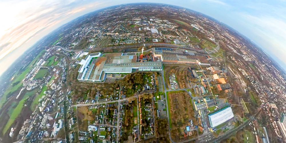 Aerial photograph Bochum - Fisheye perspective technical equipment and production facilities of the steelworks Thyssenkrupp Steel Europe AG on street Walzwerkstrasse in the district Wattenscheid in Bochum in the state North Rhine-Westphalia, Germany