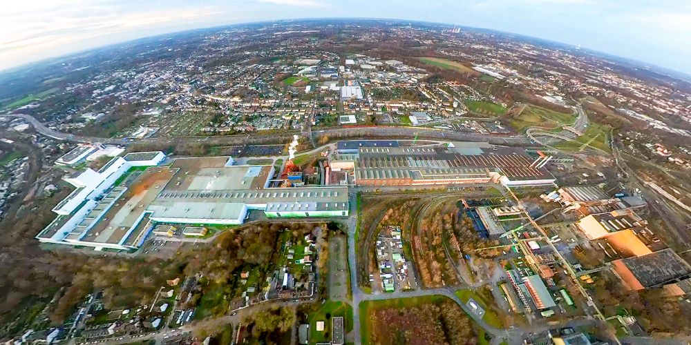Bochum from above - Fisheye perspective technical equipment and production facilities of the steelworks Thyssenkrupp Steel Europe AG on street Walzwerkstrasse in the district Wattenscheid in Bochum in the state North Rhine-Westphalia, Germany