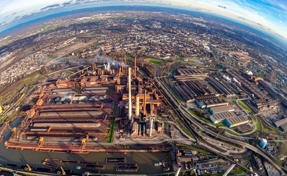 Duisburg from the bird's eye view: Fisheye perspective technical facilities and production halls of thyssenkrupp Steel Europe in the district of Marxloh in Duisburg in the Ruhr area in the state of North Rhine-Westphalia, Germany
