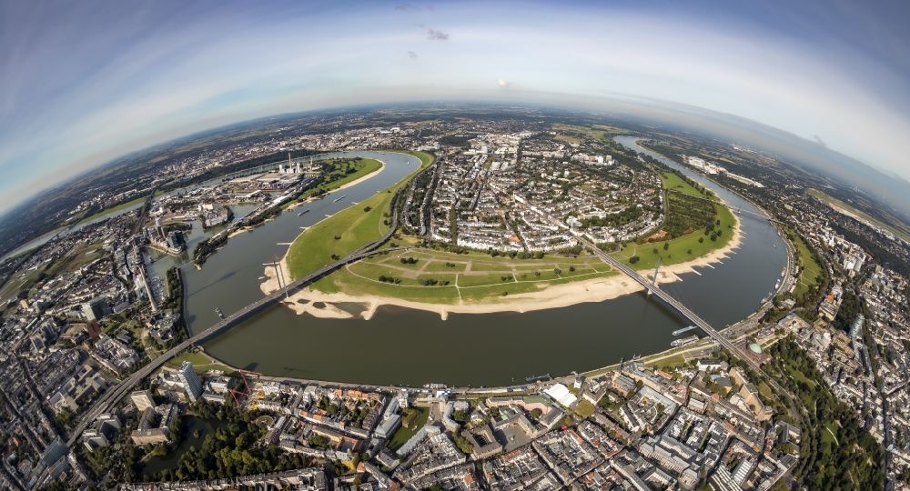 Düsseldorf from above - Fisheye perspective bun and meadow landscape on the banks of the Rhine river in Duesseldorf at Ruhrgebiet in the state North Rhine-Westphalia, Germany