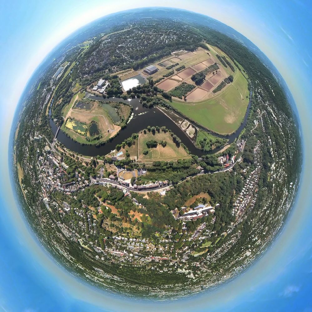 Aerial image Essen - Fisheye perspective riparian zones on the course of the river Ruhr at the Spillenburger Wehr in Essen at Ruhrgebiet in the state North Rhine-Westphalia