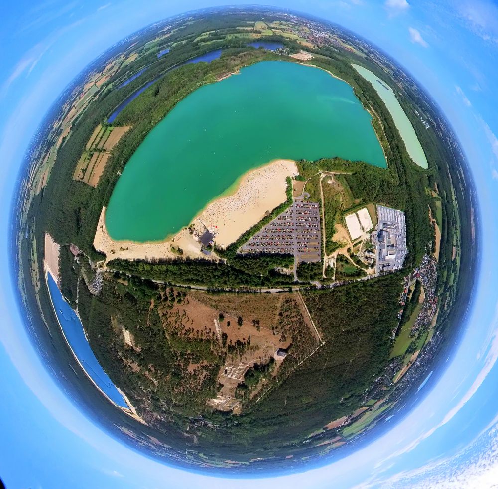 Aerial photograph Haltern am See - Fisheye perspective sandy beach areas on the Silbersee 2 in Haltern am See in the state North Rhine-Westphalia, Germany
