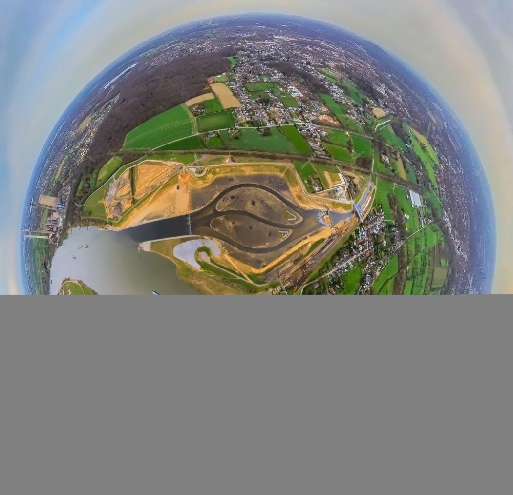 Eppinghoven from above - Fisheye perspective conversion - construction site of the Emscher estuary in the Rhine near Eppinghoven in the state of North Rhine-Westphalia