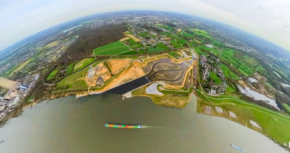 Eppinghoven from the bird's eye view: Fisheye perspective conversion - construction site of the Emscher estuary in the Rhine near Eppinghoven in the state of North Rhine-Westphalia