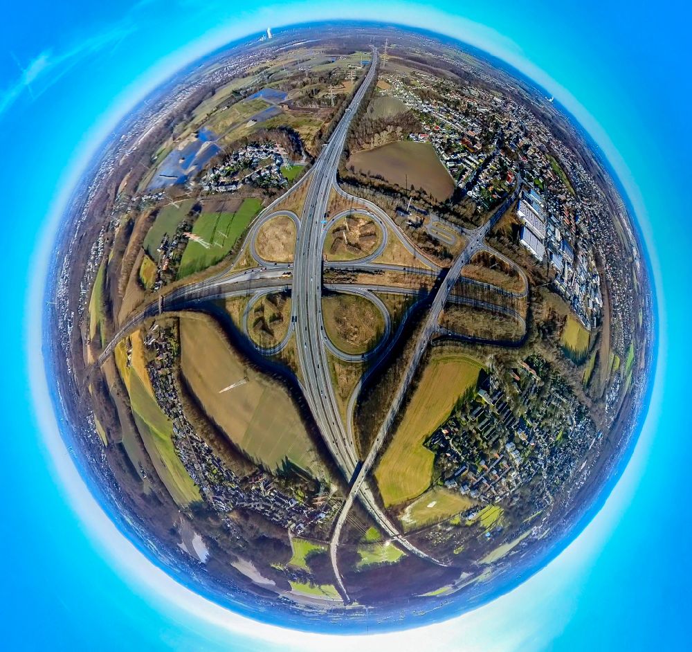 Dortmund from above - Fisheye perspective traffic flow at the intersection- motorway A 42 - 45 in the district Bodelschwingh in Dortmund in the state North Rhine-Westphalia, Germany