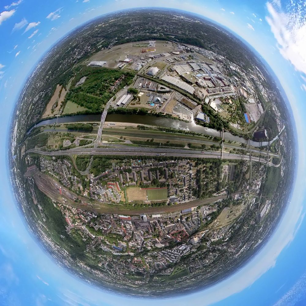 Aerial photograph Oberhausen - Fisheye perspective of the course of the canal and bank areas of the connecting canal Rhein-Herne-Kanal, the Emscher and the A 42 motorway in Oberhausen in the Ruhr area in the state of North Rhine-Westphalia, Germany