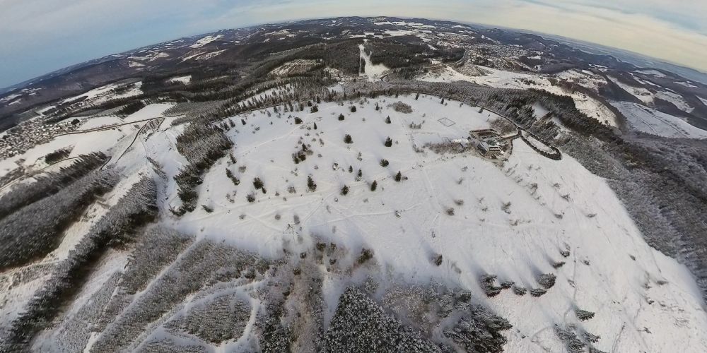 Aerial photograph Winterberg - Fisheye perspective forest and mountain scenery Kahler Asten in Winterberg at Sauerland in the state North Rhine-Westphalia, Germany