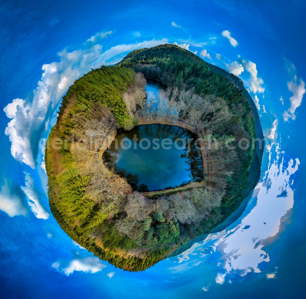 Aerial photograph Erlenbach bei Dahn - Fisheye perspective forests on the shores of Lake Seehof - Fischweiher - Portzbach in Erlenbach bei Dahn in the state Rhineland-Palatinate, Germany