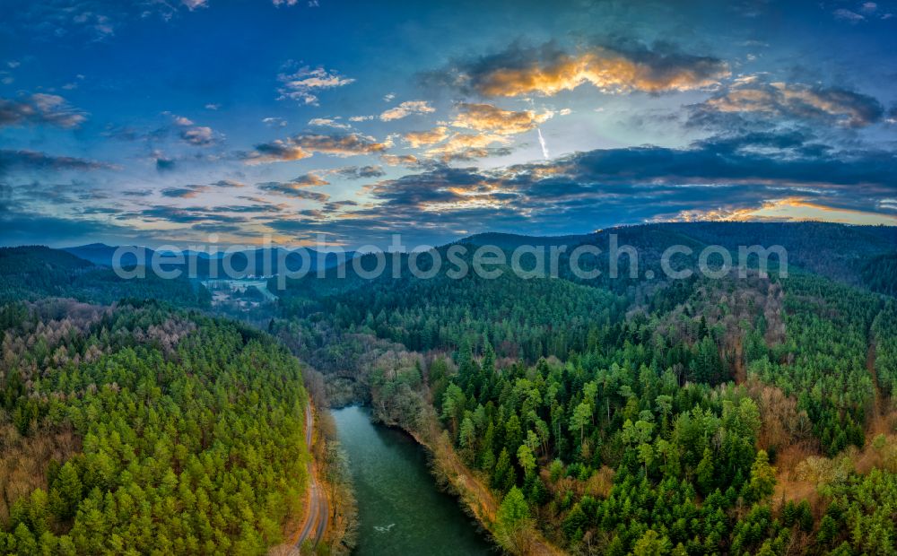 Aerial image Erlenbach bei Dahn - Fisheye perspective forests on the shores of Lake Seehof - Fischweiher - Portzbach in Erlenbach bei Dahn in the state Rhineland-Palatinate, Germany
