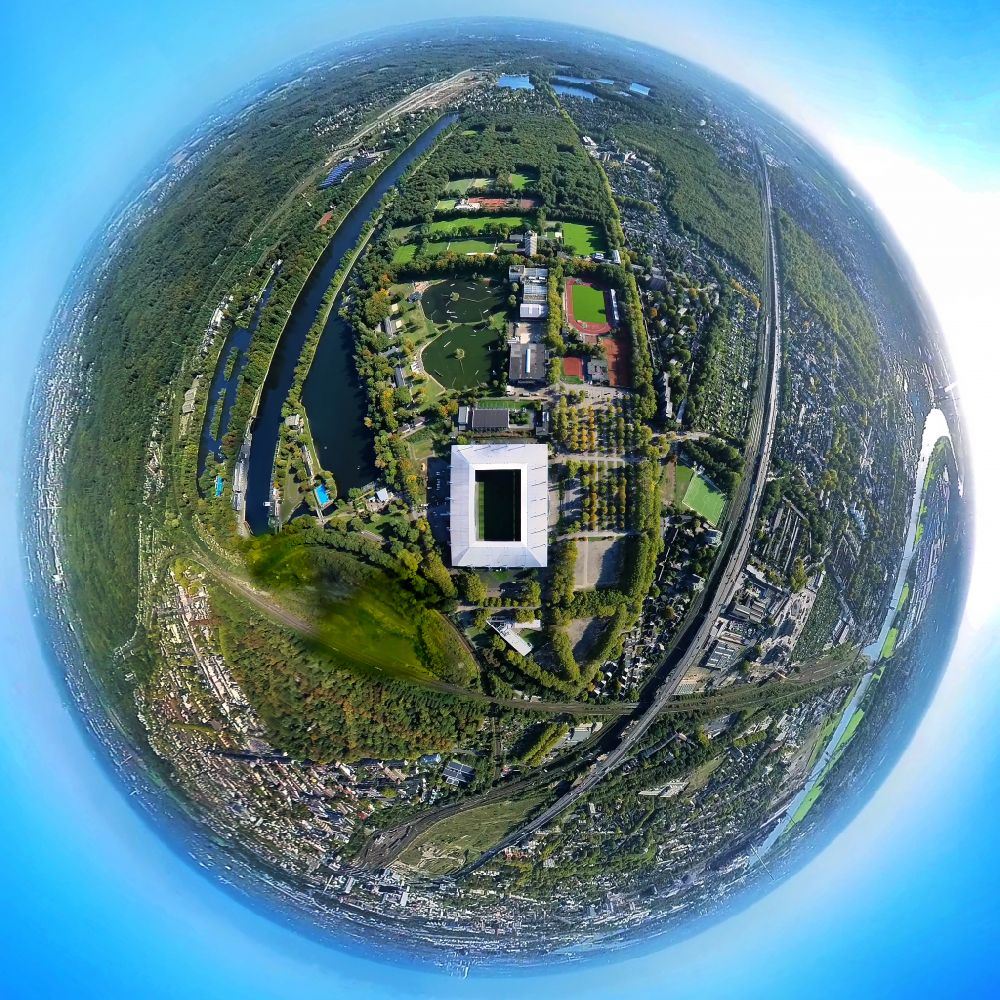 Duisburg from above - Fisheye perspective wedau Sports Park with the MSV-Arena in the district Neudorf-Sued in Duisburg at Ruhrgebiet in North Rhine-Westphalia