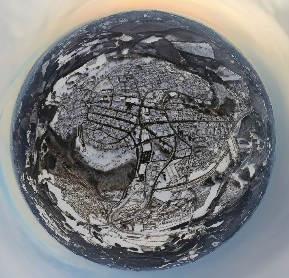 Winterberg from above - Fisheye perspective Snow-covered city center in winter in the downtown area in Winterberg in the Sauerland in the state of North Rhine-Westphalia