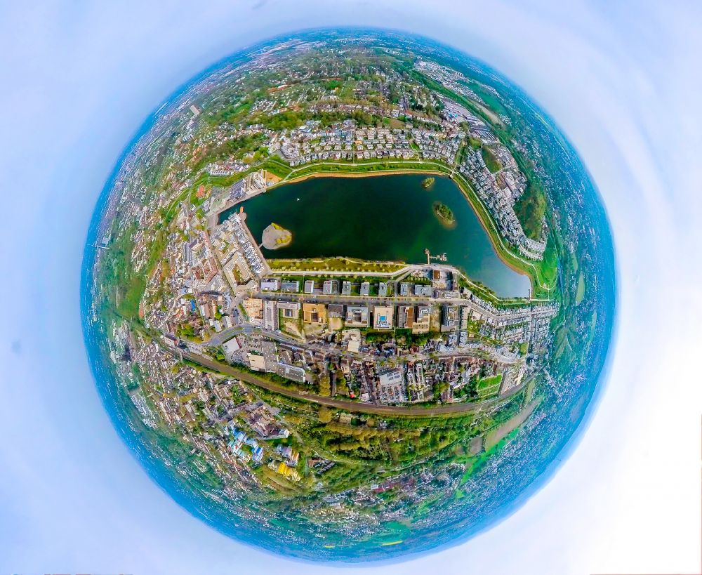 Dortmund from the bird's eye view: Fisheye perspective residential area of the multi-family house Settlement at shore Areas of lake Phoenix See in the district Hoerde in Dortmund in the state North Rhine-Westphalia, Germany