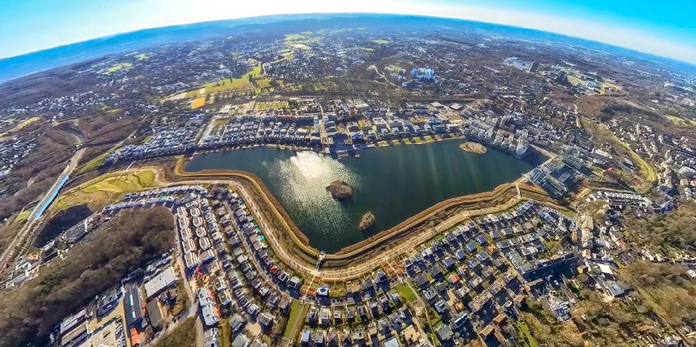 Aerial photograph Dortmund - Fisheye perspective development area on lake Phoenix See in the district Hoerde in Dortmund at Ruhrgebiet in the state North Rhine-Westphalia