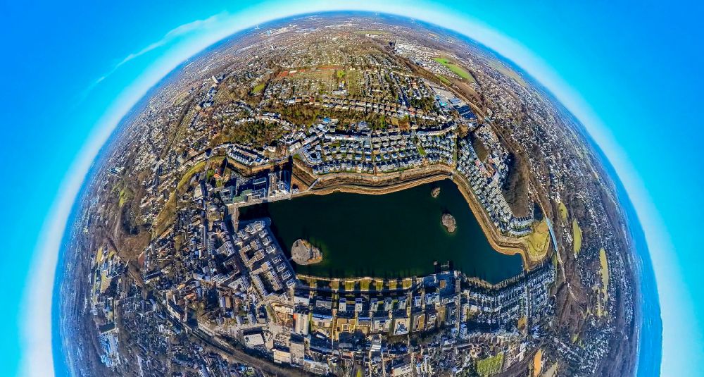 Dortmund from above - Fisheye perspective development area on lake Phoenix See in the district Hoerde in Dortmund at Ruhrgebiet in the state North Rhine-Westphalia