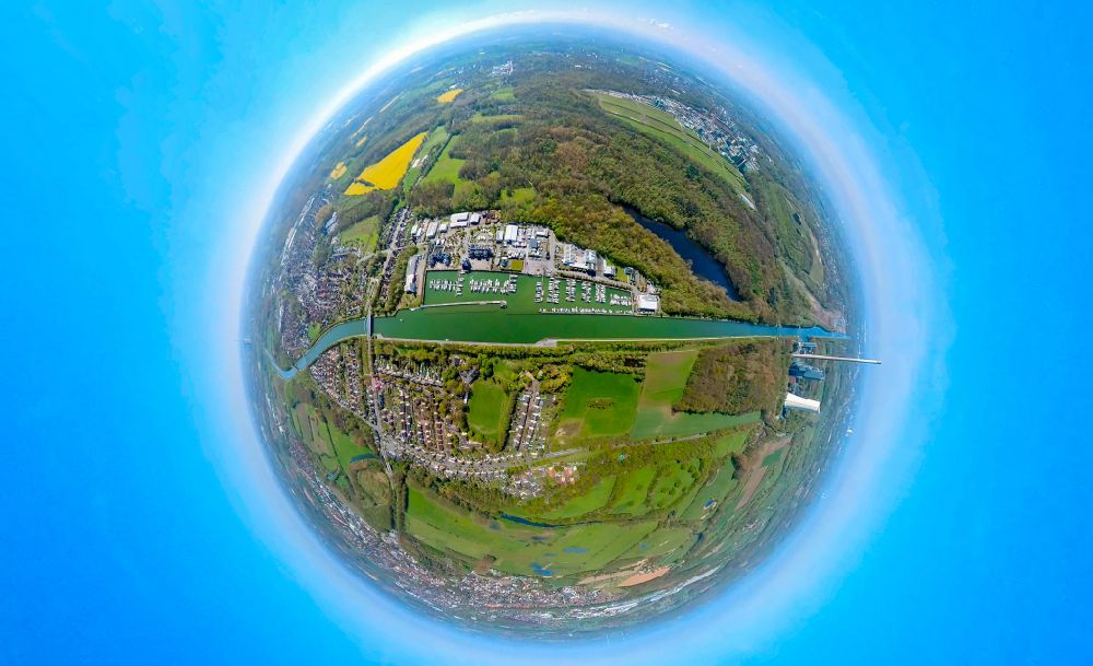 Aerial photograph Bergkamen - Fisheye perspective pleasure boat marina with docks and moorings on the shore area on Hafenweg in the district Ruenthe in Bergkamen at Ruhrgebiet in the state North Rhine-Westphalia, Germany