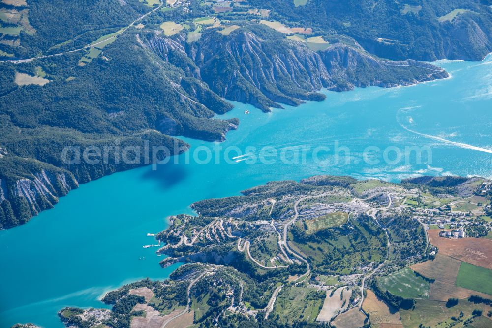 Aerial photograph Le Lauzet-Ubaye - Fjords with lake and valley glaciers in the rock and mountain landscape of Seealpen - Alpes Maritimes in Le Lauzet-Ubaye in Provence-Alpes-Cote d'Azur, France