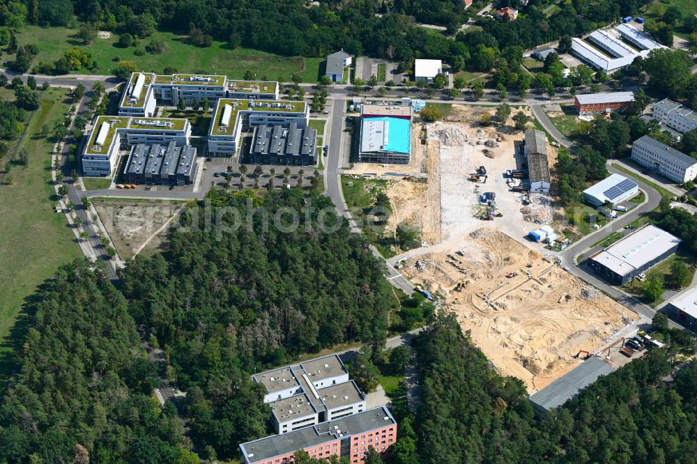 Berlin from above - Construction site for surface demolition and unsealing work to expand the production site of the German Institute for Cell and Tissue Replacement gGmbH in the Innovation Park Wuhlheide (IPW) in Berlin, Germany