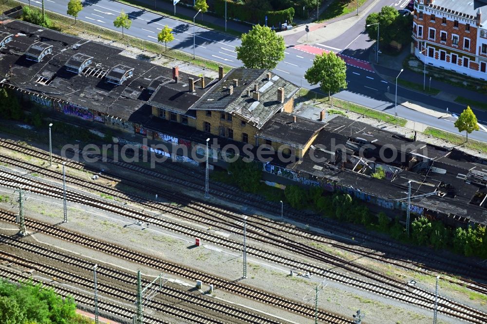 Dessau from above - Development area of the decommissioned and unused land and real estate on the former marshalling yard and railway station of Deutsche Bahn in Dessau in the state Saxony-Anhalt, Germany